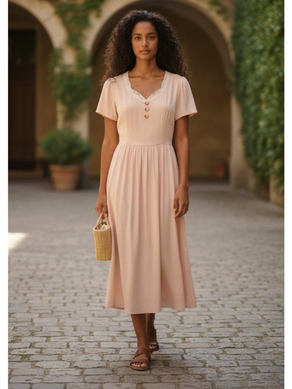 Vtg Decked Out Edwardian Style Midi Dress 9/10 Lace Up Back Crotchet Romantic